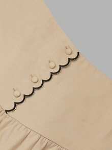 Fall Apricot High Waist Midi Skirt Women, Contrast Wavy Trim Button Detail Paneled A Line Flared Skirt - Apricot - View 5