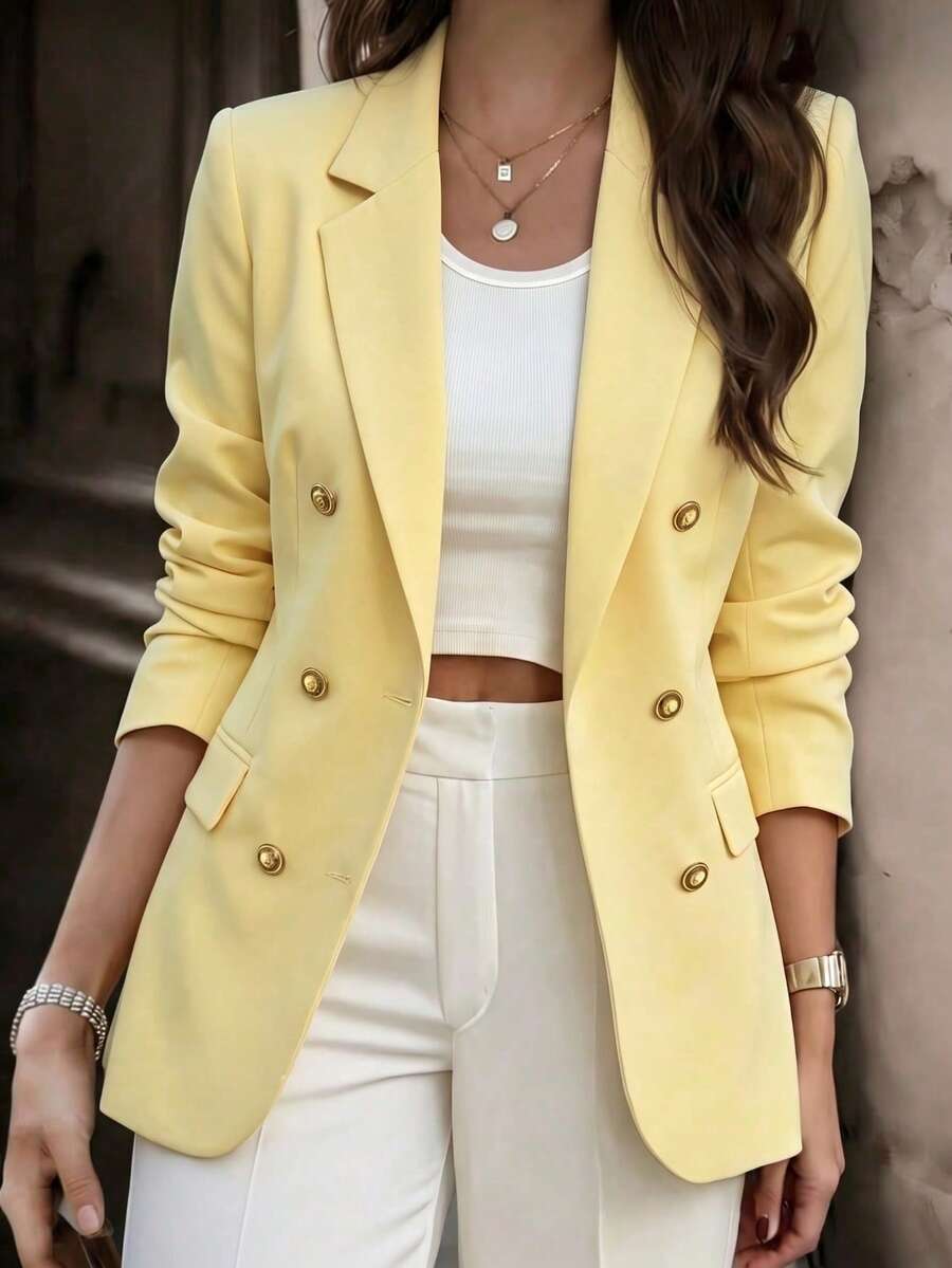 Women's Solid Yellow Blazer, Lapel Double-Breasted Long Sleeve Pocket Jacket, Fashionable Business Office Commute, Essential For Spring, Autumn And Winter - Yellow - View 1