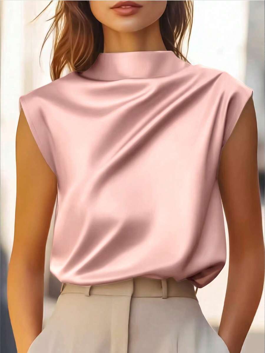 Women's Elegant Solid Satin Blouse, Suitable For Dates And Office Pink Summer