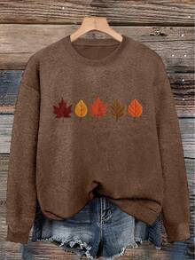 Women's New Round Neck Long Sleeve Sweater, Printed Pattern Top, Fashion Casual Knit Style, Suitable For Daily Commute - Dark Ochre - View 3
