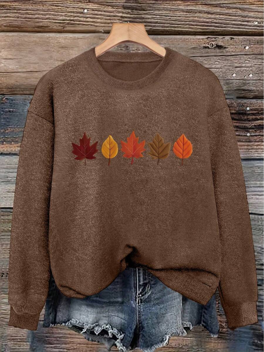 Women's New Round Neck Long Sleeve Sweater, Printed Pattern Top, Fashion Casual Knit Style, Suitable For Daily Commute - Dark Ochre - View 1