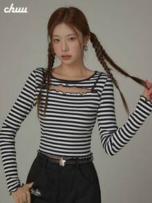 CHUU Striped Hollow Out T-Shirt Women Autumn Contrast Color Frill Trim Long Sleeve Fashion Slimming Short Top - Black and White - View 5