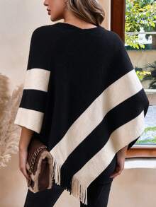 Women's Knit Shawl Cape, Contrast Stripes, Tassel Hem, One Size Multi-Way Wear, Elegant Loose Outer Layer, Autumn/Winter Essential - Black - View 3