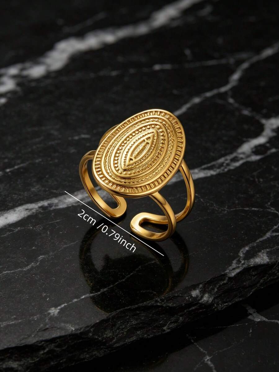 SEEKGLEE 1pc Golden Oval Textured Open Ring, Bohemian Style Stainless Steel Adjustable Finger Ring For Women - Yellow Gold - View 1