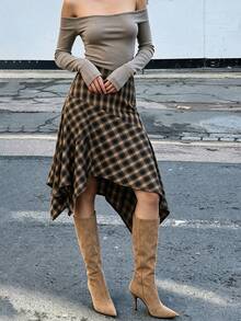 Aflion Elegant Women Autumn Vintage Plaid Asymmetrical Ruffle Midi Skirt Irregular Hem Flowy Skirt - Brown - View 9