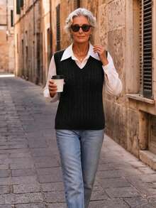 NZZOF V-Neck Versatile Knit Sleeveless Sweater Vest, Solid Color Casual Autumn/Winter Knit Vest (No Lining) - Black - View 5