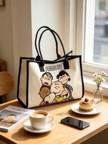 1pc Snoopy Peanuts Cartoon Character Pattern Canvas Tote Bag, Black Trim Large Handle Shoulder Bag, Casual Daily Shopping Handbag, Suitable As Christmas Gift Bag - Multicolor - View 2