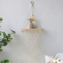 1pc Bohemian Style Macrame Wall Hanging With Wooden Board And Tassels, Handmade Woven Minimalist Shelf Wall Decor - Without Plants And Accessories - Beige - View 2