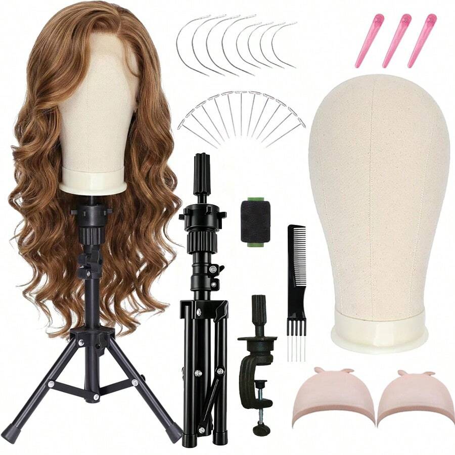 Canvas Wig Mannequin Head With Tripod Stand Kit, Multi‑Color Canvas Block Head, Adjustable Wig Tripod & Table Clamp, Wig Making Tools Set With T‑Pins, C‑Pins, Wig Caps, Comb, Hair Clips For Wig Styling Display Making - View 1