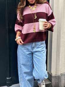 Women's New Autumn Colorblock Striped Knit Top, Casual Daily Commute College Style - Wine Red & Hot Pink - View 3