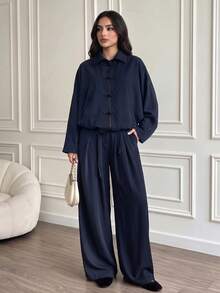 Women's Autumn Navy Blue Frog Button Zipper Batwing Sleeve Jacket + Wide Leg Pants 2pcs Set, Loose Minimalist New Chinese Style Outfit For Casual Daily Wear - Navy Blue - View 1