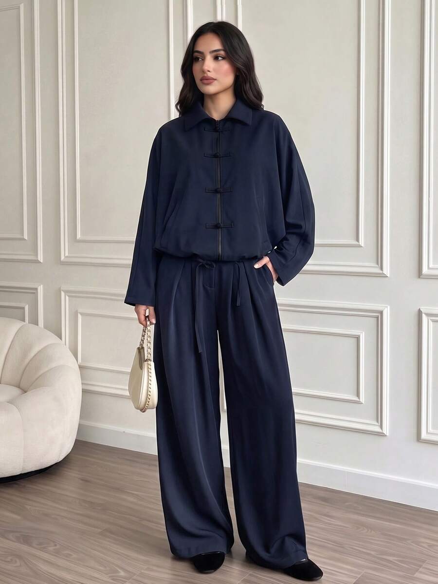 Women's Autumn Navy Blue Frog Button Zipper Batwing Sleeve Jacket + Wide Leg Pants 2pcs Set, Loose Minimalist New Chinese Style Outfit For Casual Daily Wear - Navy Blue - View 1