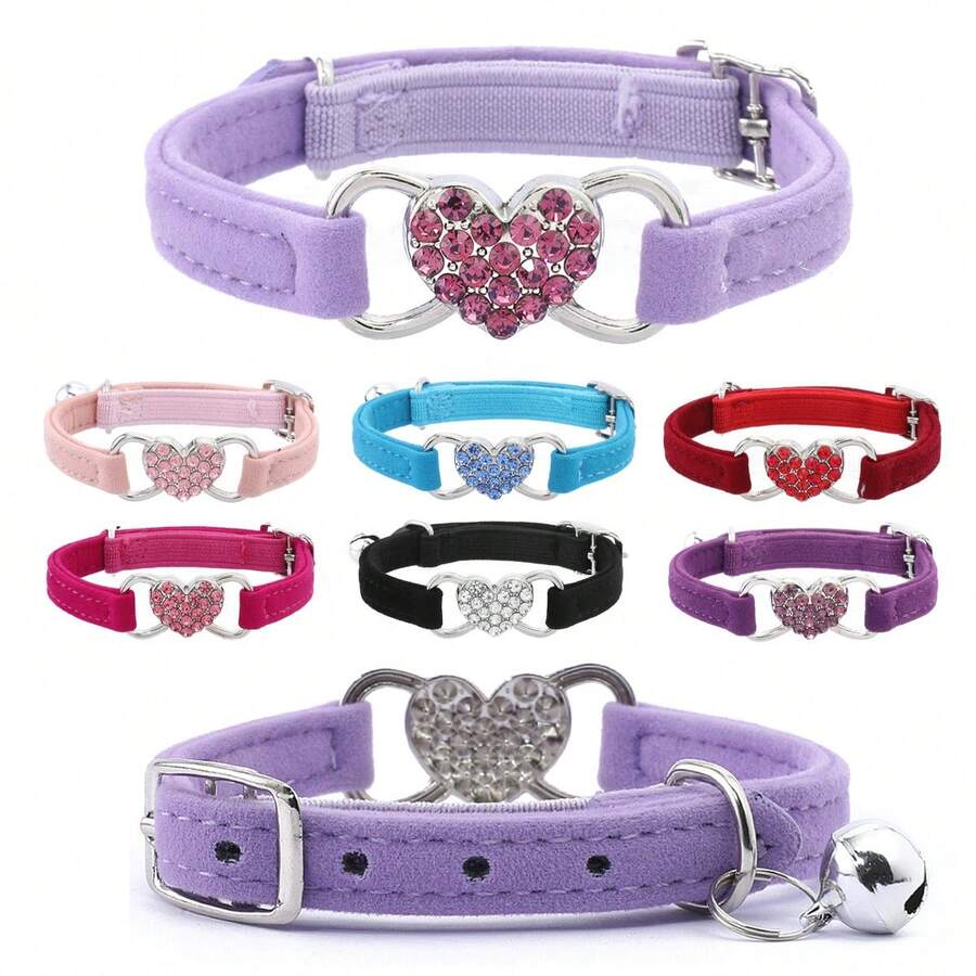 Heart-Shaped Flocked Cat Collar, Cat Collar With Elastic Band, Multi-Color Heart Flocked Rhinestone Collar - Multicolor - View 1