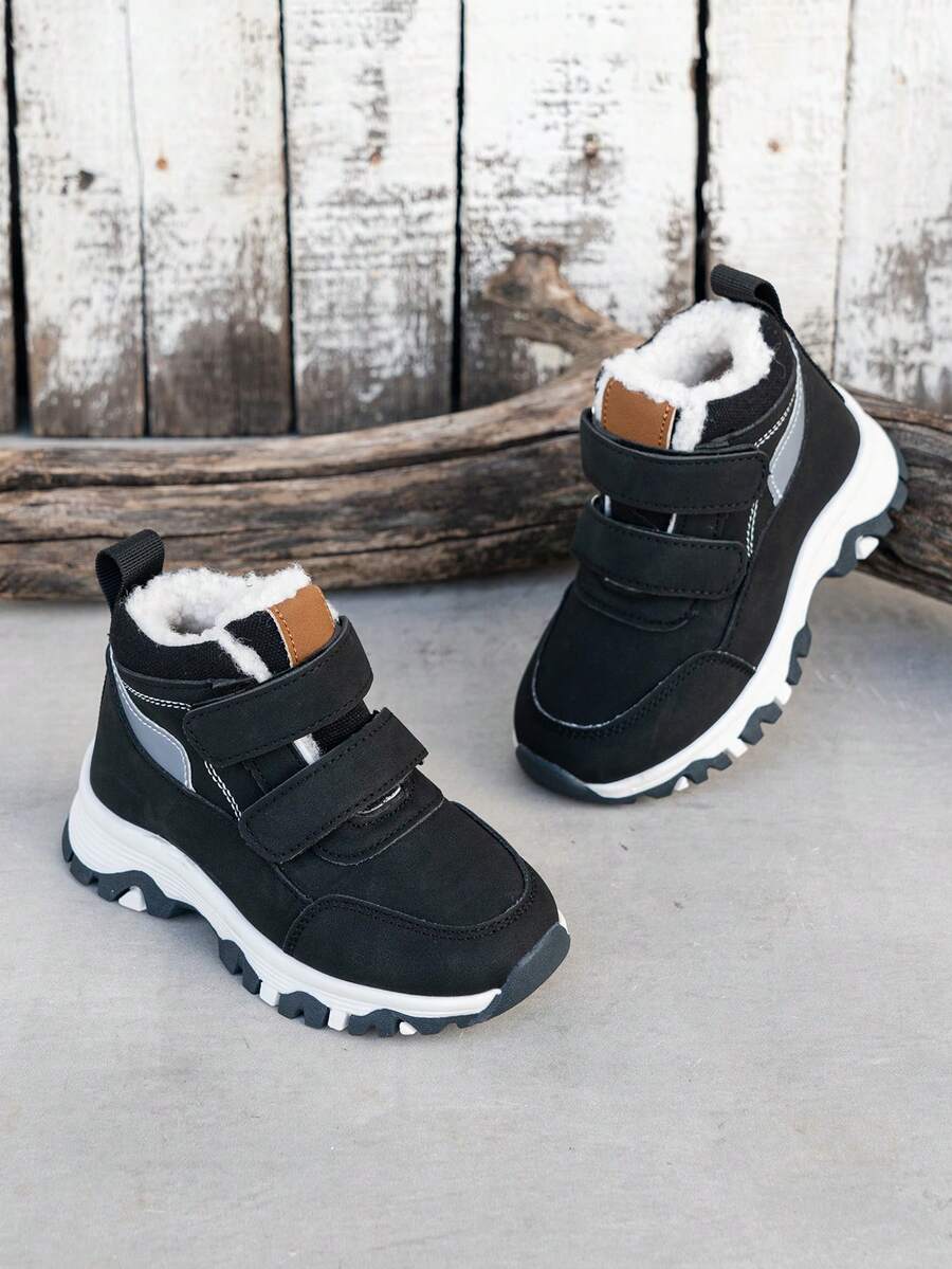 Kids' Thermal Lined Snow Boots, Unisex Hook-And-Loop Thick Sole Warm Non-Slip Versatile Mid-Top Boots - Black - View 1