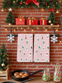 2 Pcs Snowflake Christmas Tree Mahjong Card Green Leaf Print Microfiber Rectangular Quick Dry Kitchen Towels For Christmas Winter Home Decor - Pink - View 4