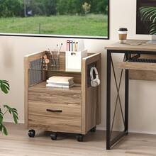 Archivadoróvil bajo escritorio con cajón amplio, mueble organizador de 20 pulgadas para oficina en casa, cuenta con estante de vidrio templado y 4 ganchos para guardar accesorios y documentos - Café integral - Ver 7