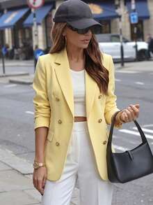 Women's Solid Yellow Blazer, Lapel Double-Breasted Long Sleeve Pocket Jacket, Fashionable Business Office Commute, Essential For Spring, Autumn And Winter - Yellow - View 6