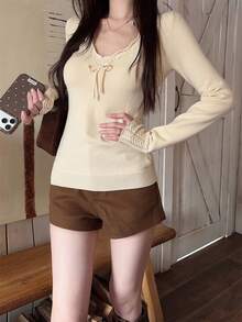 Sweet & Spicy Style Lace Trim V-Neck Fitted Base Layer Top, Women's Autumn/Winter New Bowknot Inner Layer Knit Sweater - Apricot - View 7