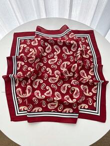 1件裝女款女孩方巾頭巾配件 手帕領巾髮巾 時尚印花頸巾 - 酒紅色 - 查看 3
