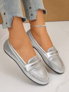 2025 Women's Spring New Elegant Slip-On Loafers, Lightweight Comfortable Versatile Rubber Flat Shoes, Silver Sneakers - Silver - View 4