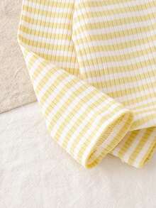 2pcs/Set Baby Girls Cute Minimalist Yellow & White Striped Floral Long Sleeve Top & Long Pants Set, Spring/Autumn - Multicolor - View 5