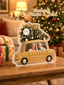 1pc Custom Photo & Text Vintage Car Christmas Acrylic Plaque, 50th Golden Wedding Anniversary Couple Desktop Ornament, Christmas Style Personalized Keepsake Gift For Parents Couple,Christmas Gift,Christmas Tree Element,Winter Holiday Table Decor - Multicolor - View 2