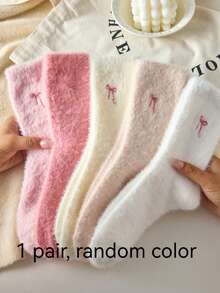 1/3/5 Pairs Mink Fur Bowknot Plush Mid-Calf Socks, Cute Sweet Thickened Warm Home Sleep Socks With Bowknot Pattern, Soft And Comfortable, Suitable For Autumn/Winter - Multicolor - View 10