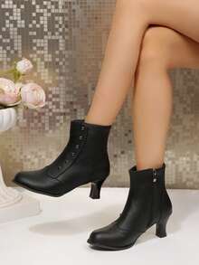 Vintage Black Ankle Boots For Women, Round Toe, Stiletto Heel, Stud Decor, Side Zipper - Black - View 2