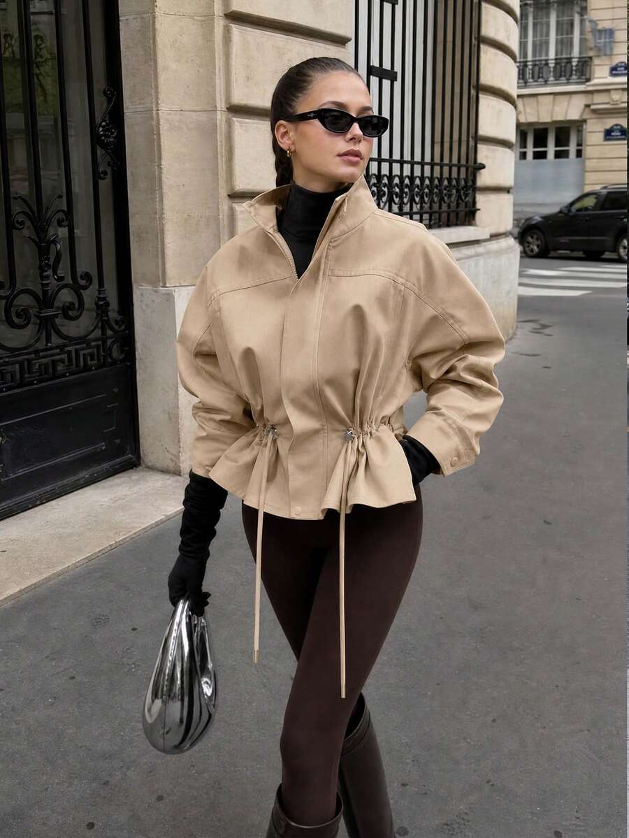 Chaqueta con cordón para mujer, elegante, unicolor, con cuello alto y manga larga, abrigo casual de calle para mujer - Caqui - Ver 1