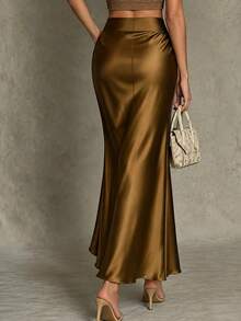 Women's High Waist Satin Skirt, Elegant Silky Drape Mermaid Long Skirt, Solid Color Pleated Flowy Hem, Suitable For Banquet, Wedding Guest, Daily Commute - Golden Brown - View 3