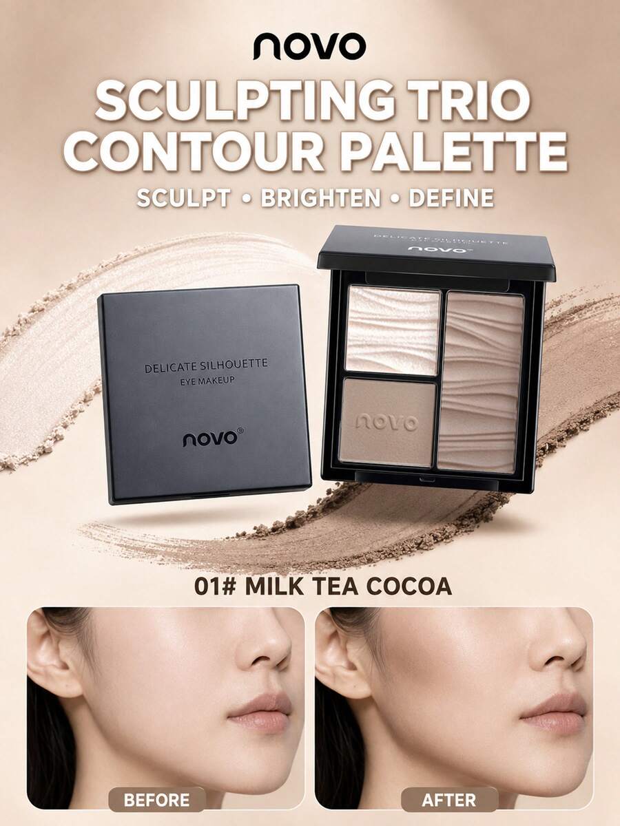 NOVO Palet Kontur & Highlight Matte 3 Warna 3-in-1, Minim Serbuk, Menciptakan Kontur Wajah 3D Alami, Ideal untuk Riasan Sehari-hari, Kencan & Kerja, Hadiah yang Bagus untuk Pelajar - 01# Teh Susu Cokelat - View 1