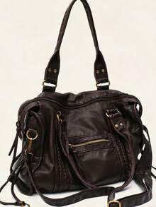 Soft Washed PU Leather, Zipper Closure, Large Capacity, Fits 13-Inch Laptop, Adjustable Shoulder Strap, Crossbody Shoulder Bag - Coffee - View 3