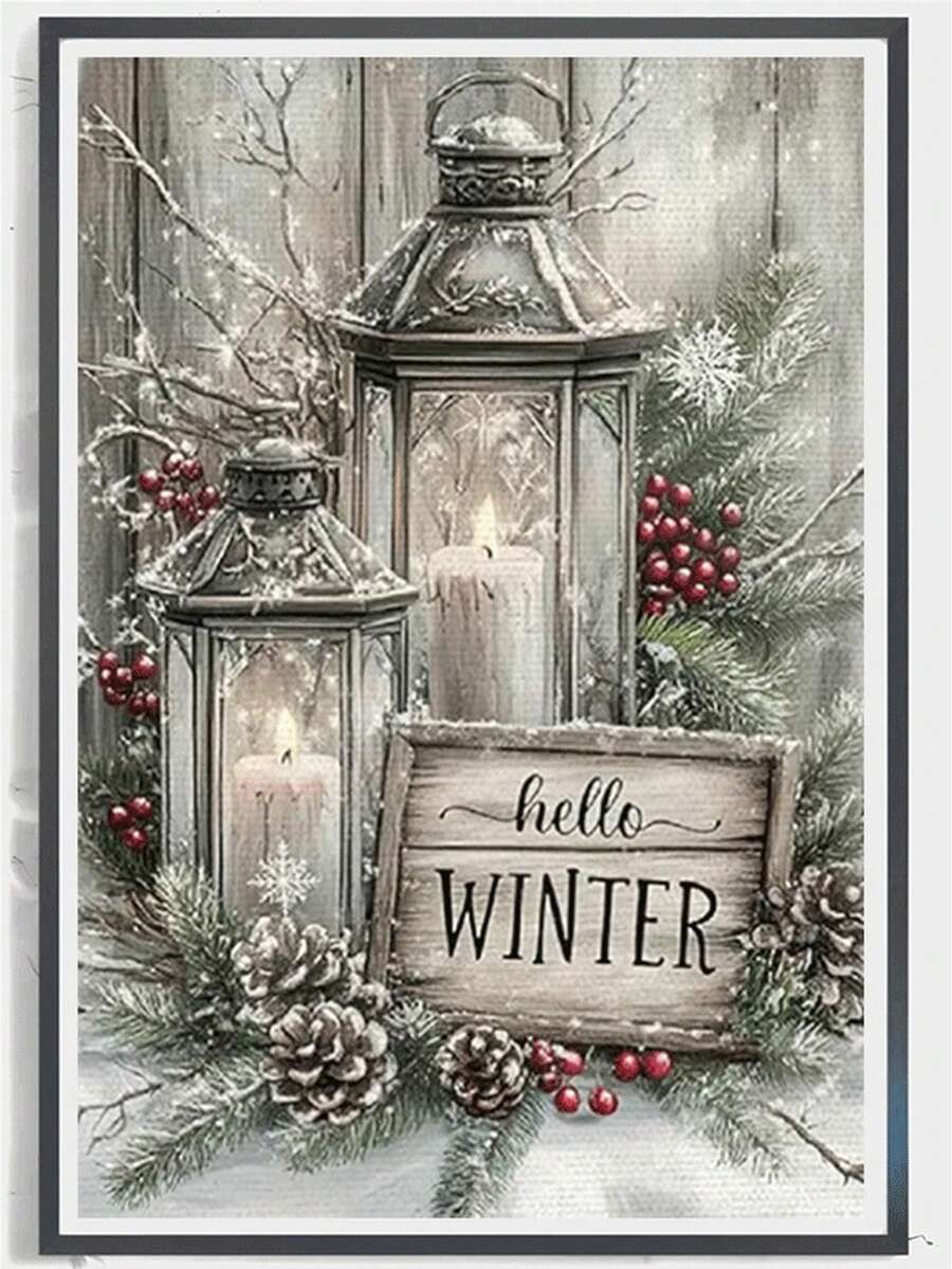 1pc Diamond Painting Kit, Vintage Winter Candle Holder Diamond Art, Holiday Atmosphere Living Room Entryway Decor Painting, Handmade DIY Rhinestone Decor Wall Art