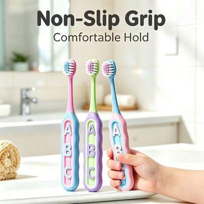 Juego de 7 cepillos de dientes de cerdas suaves, adecuado para niños de 3/4/5/6 años, paquete de gran capacidad, mango ergonómico, agarre cómodo, cerdas suaves de alta densidad, limpieza oral profunda y suave, mango arcoíris ABC, surtido multicolor, cuidado oral diario para el hogar y la escuela