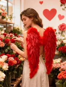 1pc Red Feather Angel Wings, Handmade Feather Wings, Multiple Sizes, For Performance, Runway, Costume, Demon Outfit, Holiday Party Costume, Holiday Party Supplies, Adult Stage Performance Props, Halloween Costume Props. - Red - View 4