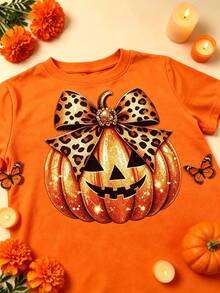 Playera de manga corta para niña, estampado de calabaza con lazo de leopardo, ropa casual para fiesta de Halloween - Naranja - Ver 3