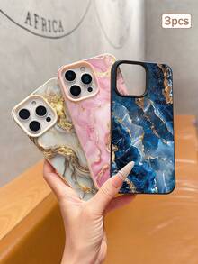3pcs Luxury Marble Print TPU Shockproof Full Coverage Precision Protective Case Compatible With Apple 11/12/13/14/15/16/16Pro/16ProMax/17/17pro/17ProMax/18pro 18ProMax - Multicolor - View 3