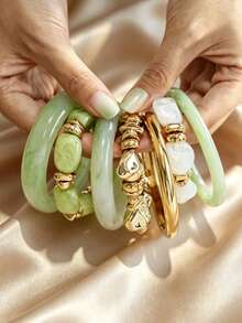 Green Floral Resin Bracelet With Gold Asymmetrical Metal Beads And White Shell Beads Bracelet Set, Niche Luxury Layered Bangle For Women Vacation Outfit Accessory - Multicolor - View 5