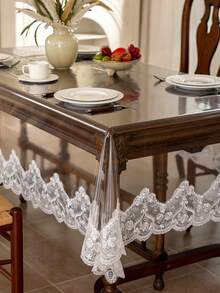 1pc Transparent PVC Lace Embroidered Trim Tablecloth, Table Mat, Stain-Resistant, Anti-Dirt, Dining Table Side Cabinet Decorative Tablecloth - White - View 2