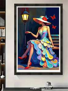 1pc Diamond Painting Kit, Artistic Gradient Color Portrait Diamond Art, Elegant Lady With Street Lamp And Butterfly Decorative Painting, Handmade Rhinestone Wall Decor For Living Room And Bedroom - round diamond - View 4