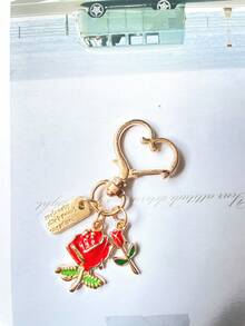 Alloy Heart Clasp Keychain, With Red Rose Charms & Embossed Metal Tag, Suitable For Bag Pendant, Car Keychain, Lovely Gift For Birthday & Festival - Multicolor - View 6