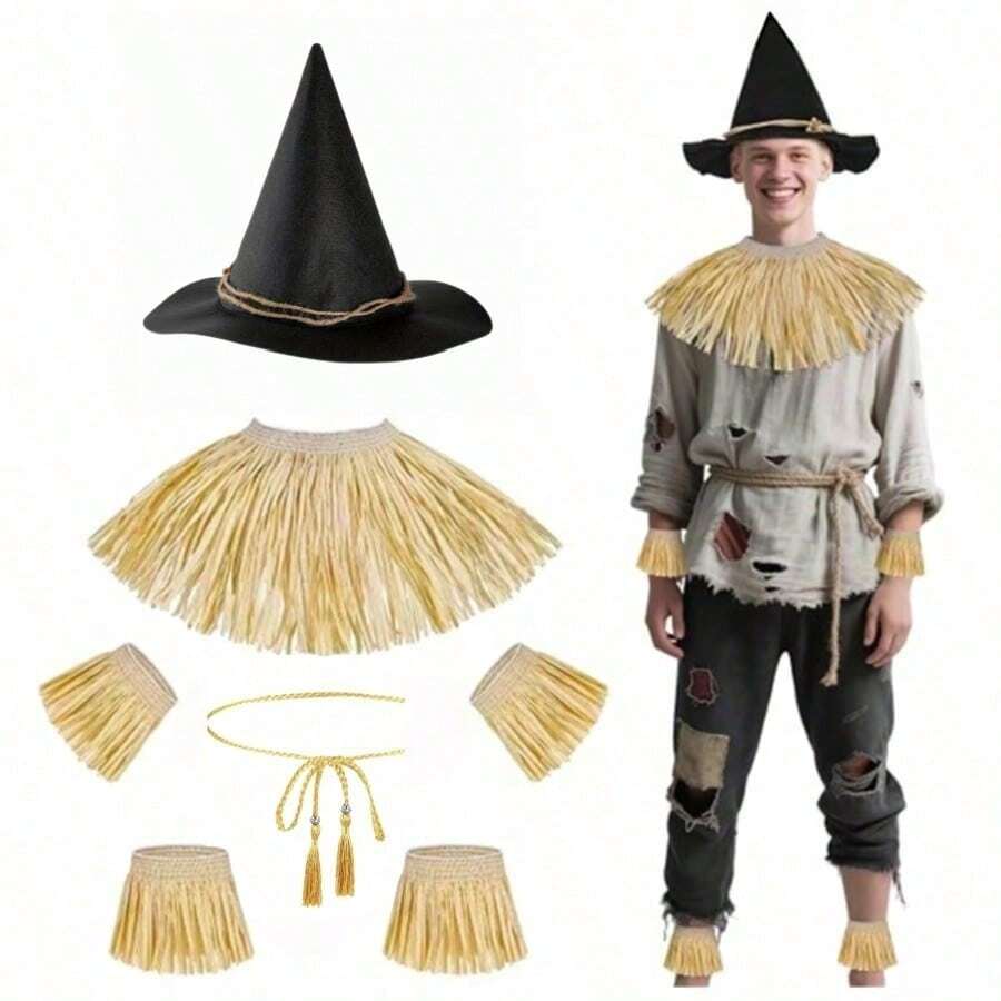 Clothing Accessories Wizard Scarecrow Costume Set (Includes Hat) Adult Halloween Cosplay Outfit (7-Piece Set) - Multicolor - View 1