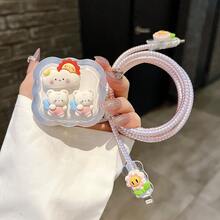 5件組適用於英國 20W TPU 波浪邊透明軟殼，可愛兔子太陽與雲朵設計雷射漸層色數據線保護套 - 雲朵小兔 - 查看 2