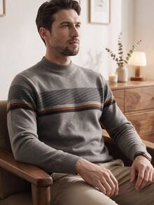 Men's Thick Round Neck Sweater, Business Casual Jacquard Knit Long Sleeve Top, Versatile Layering Piece, Plaid & Striped Pattern, Autumn/Winter - Light Grey - View 5