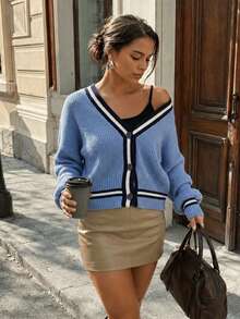 Contrast Trim Ribbed Knit Cardigan, Button Front, Long Sleeve, Slim Fit, Blue Sweater Cardigan For Women, Casual Fall Layering Top - Blue - View 4