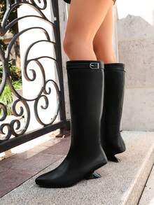 Women's Vegan PU Pointed Toe Knee High Boots, Metal Buckle Decor, Sculptural Irregular Heel, Side Zipper, Autumn Winter, For Daily & Party Wear - Black - View 5