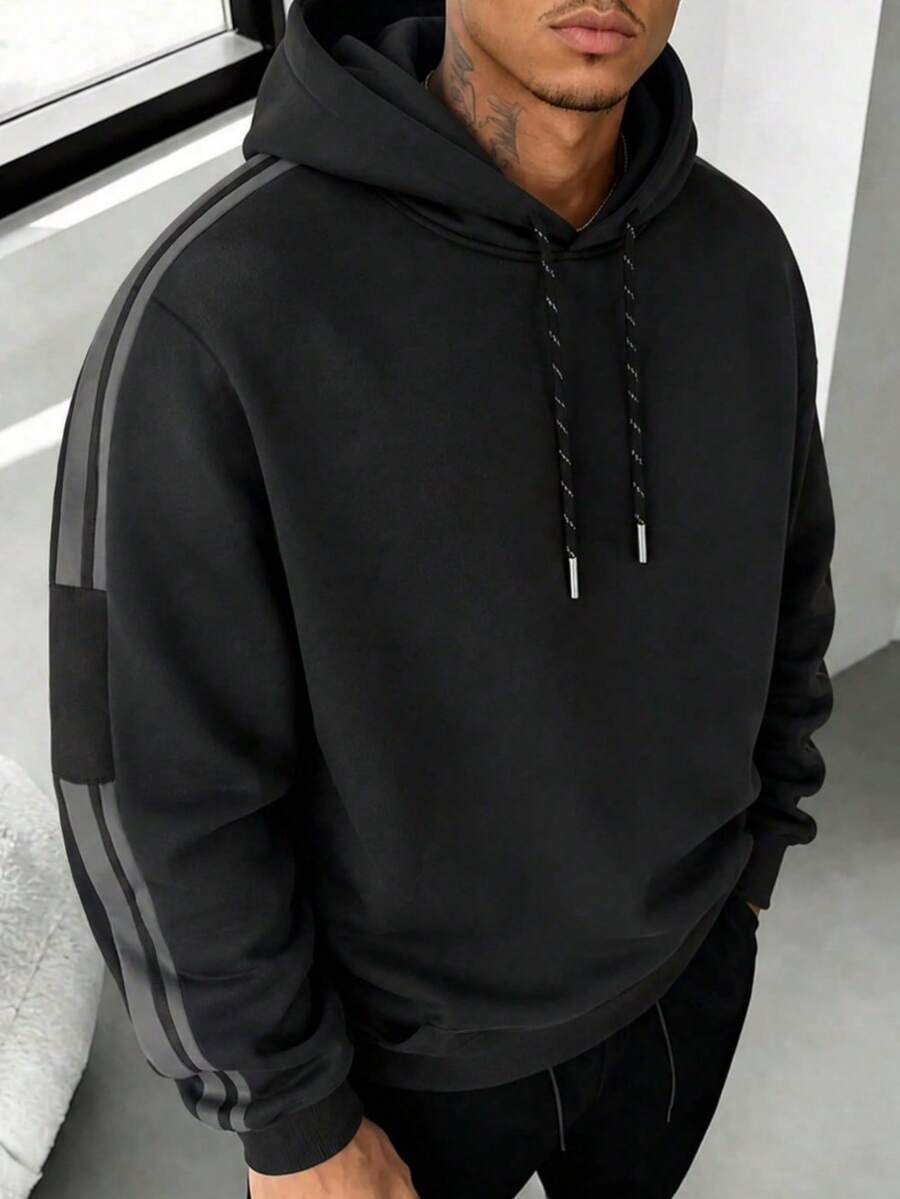 Men's Striped Hooded Sweatshirt, Loose Fit Hip Hop Style, Versatile Pullover Top For Travel, Commuting And Outings, Autumn/Winter - Black - View 1