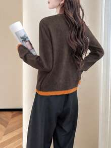 Alicedudu Cardigan Sweater 2-in-1 Leher V Minimalis untuk Wanita Musim Gugur/Dingin - Coffee Brown - View 2