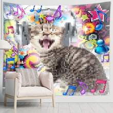 Fun Pixel Music Cat Tapestry, Polyester Fiber Wall Decor Hanging, Featuring A Cute Tabby Cat Wearing Headphones Enjoying Music, Colorful Pixel Style Background With Dynamic Musical Notes And Retro Digital Icons; Single-Sided Print, Suitable For Bedroom, Dorm Or Living Room Decoration; A Creative And Fun Home Decor Gift For Teenagers And Cat Lovers. - Multicolor - View 2