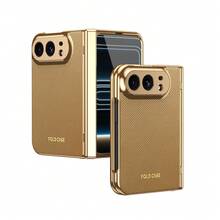 VIETAO 電鍍材質人造皮革全包覆保護手機殼，適用於 Galaxy Z Fold 7 6 5 4 8 Ultra Fold7 Fold6 Fold5 Fold4，附鋼化玻璃螢幕保護貼，手機保護殼，兼容 Duo - 沙漠金 - 查看 18